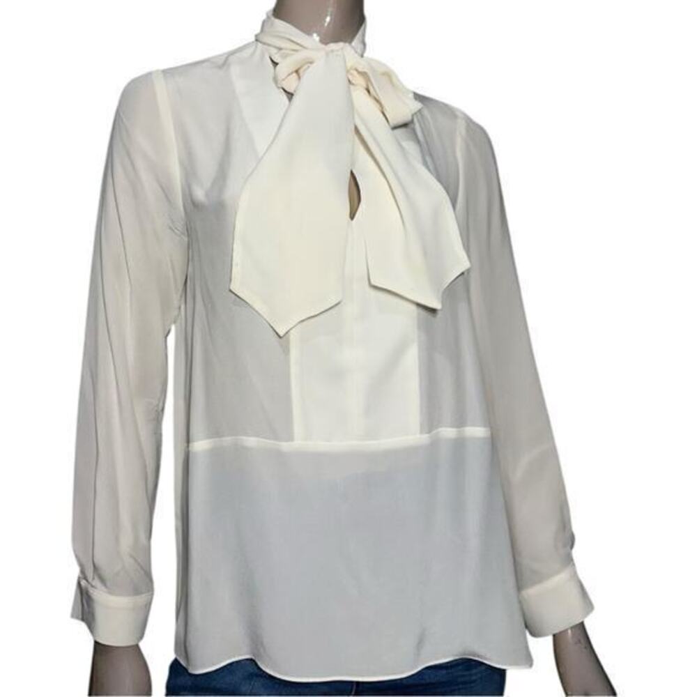 Tara Jarmon Women’s Size 38 M Cream Ivory Silk Pullover Tie Neck Top Blouse